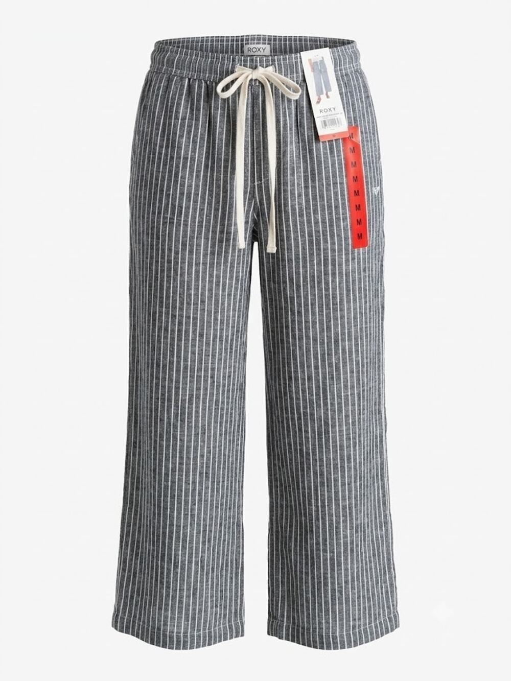 NWT Roxy Women's Linen Blend Striped Cropped Pants Size M Drawstring